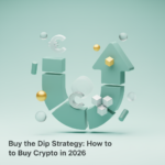 Chart showing buy the dip strategy with crypto price dips highlighted as optimal buying points on a 2026 market graph.