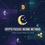 Digital illustration showing cryptocurrency coins with dollar signs floating above a sleeping person, representing passive cr
