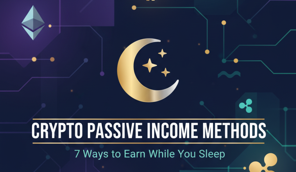 Digital illustration showing cryptocurrency coins with dollar signs floating above a sleeping person, representing passive cr