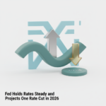 Federal Reserve building with a steady interest rate chart and a downward arrow indicating one projected rate cut in 2026.