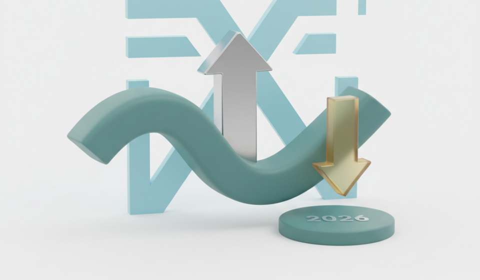 Federal Reserve building with a steady interest rate chart and a downward arrow indicating one projected rate cut in 2026.