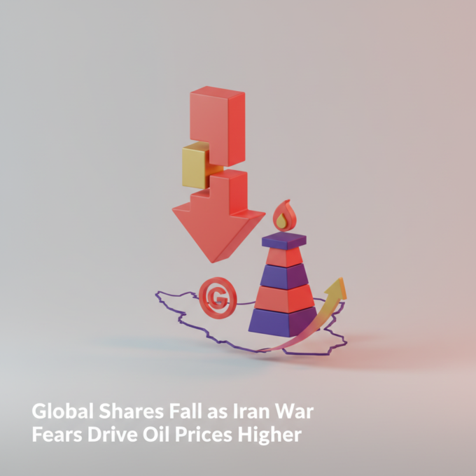 Stock market graph showing declining global share prices alongside rising oil prices amid escalating Iran war fears.