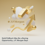 Gold Price Pullback May Be a Buying Opportunity, J.P. Morgan Says Gold bars stacked with a downward price chart arrow reversing upward, illustrating a pullback buying opportunity.