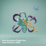 A hooded hacker at a computer screen displaying a glowing crypto seed phrase, with phishing icons and warning symbols nearby.