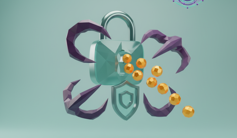 A hooded hacker at a computer screen displaying a glowing crypto seed phrase, with phishing icons and warning symbols nearby.