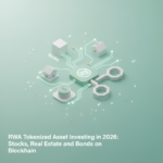 Blockchain network connecting icons of stocks, real estate buildings, and bonds representing RWA tokenized asset investing in