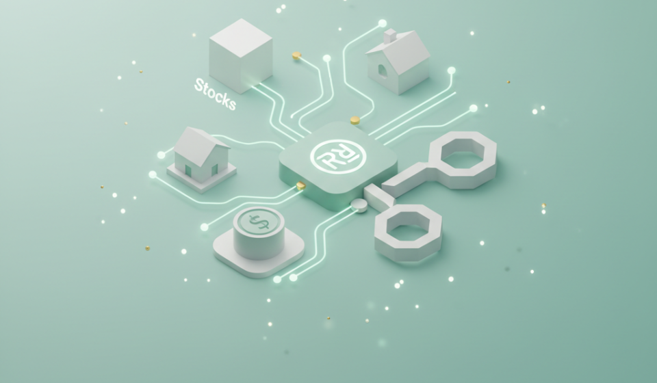 Blockchain network connecting icons of stocks, real estate buildings, and bonds representing RWA tokenized asset investing in