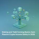 Crypto Arbitrage in 2026: Low-Risk Profits From Exchange Price Gaps Digital illustration showing cryptocurrency coins being staked in a secure vault with growing yield charts representing passi