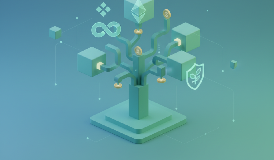 Digital illustration showing cryptocurrency coins being staked in a secure vault with growing yield charts representing passi